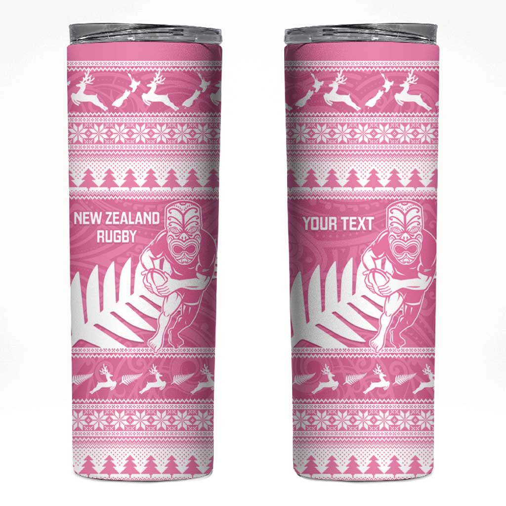 New Zealand Christmas Rugby Personalised Skinny Tumbler Meri Kirihimete All Black Maori Pink Version - Polynesian Pride
