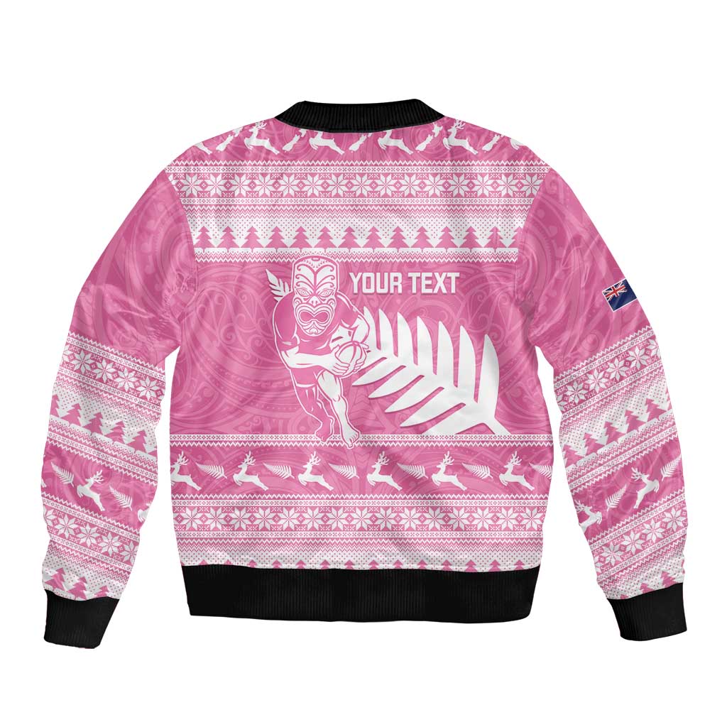 New Zealand Christmas Rugby Personalised Sleeve Zip Bomber Jacket Meri Kirihimete All Black Maori Pink Version - Polynesian Pride
