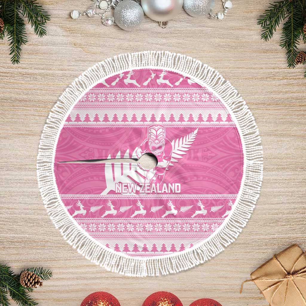 New Zealand Christmas Rugby Tree Skirt Meri Kirihimete All Black Maori Pink Version - Polynesian Pride