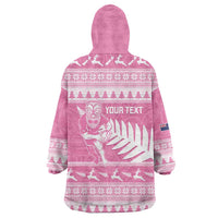 New Zealand Christmas Rugby Personalised Wearable Blanket Hoodie Meri Kirihimete All Black Maori Pink Version - Polynesian Pride