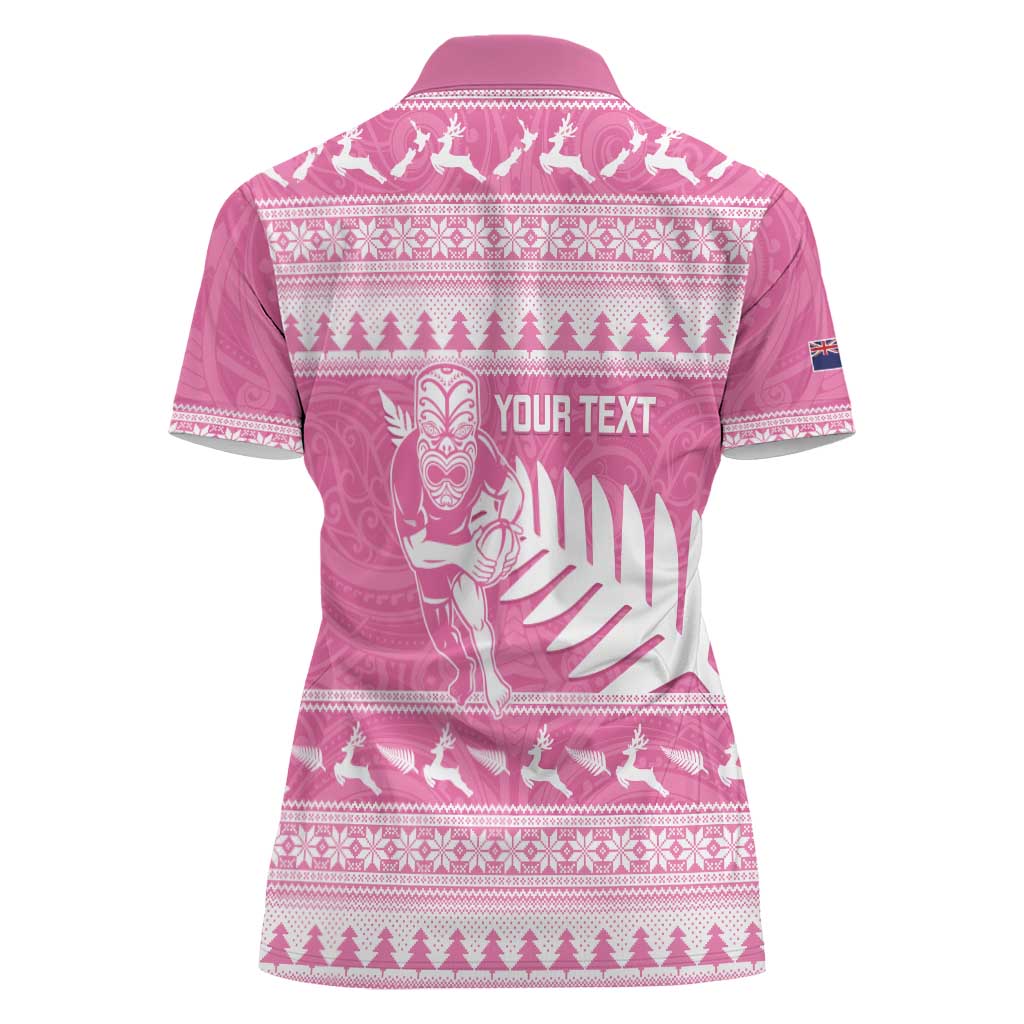 New Zealand Christmas Rugby Personalised Women Polo Shirt Meri Kirihimete All Black Maori Pink Version - Polynesian Pride