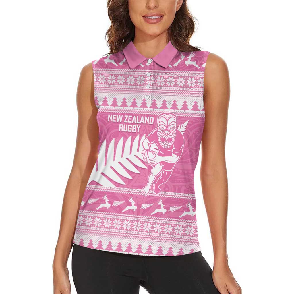 New Zealand Christmas Rugby Personalised Women Sleeveless Polo Shirt Meri Kirihimete All Black Maori Pink Version - Polynesian Pride