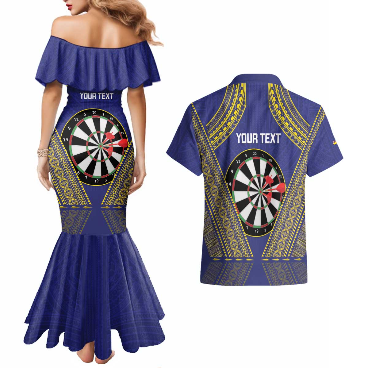 Personalised Niue Darts Couples Matching Mermaid Dress and Hawaiian Shirt Dart Board Hiapo Pattern - Polynesian Pride