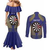 Personalised Niue Darts Couples Matching Mermaid Dress and Long Sleeve Button Shirt Dart Board Hiapo Pattern - Polynesian Pride