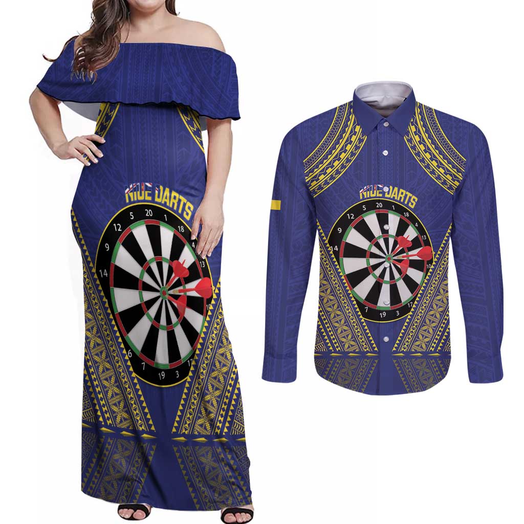 Personalised Niue Darts Couples Matching Off Shoulder Maxi Dress and Long Sleeve Button Shirt Dart Board Hiapo Pattern - Polynesian Pride