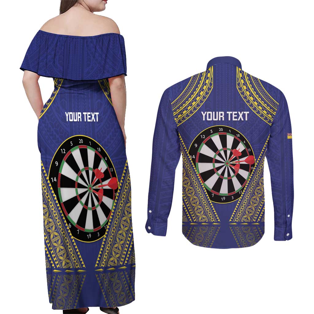 Personalised Niue Darts Couples Matching Off Shoulder Maxi Dress and Long Sleeve Button Shirt Dart Board Hiapo Pattern - Polynesian Pride