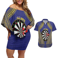 Personalised Niue Darts Couples Matching Off Shoulder Short Dress and Hawaiian Shirt Dart Board Hiapo Pattern - Polynesian Pride