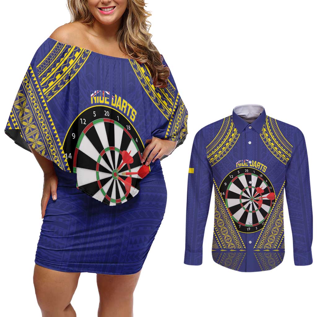 Personalised Niue Darts Couples Matching Off Shoulder Short Dress and Long Sleeve Button Shirt Dart Board Hiapo Pattern - Polynesian Pride