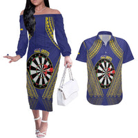 Personalised Niue Darts Couples Matching Off The Shoulder Long Sleeve Dress and Hawaiian Shirt Dart Board Hiapo Pattern - Polynesian Pride