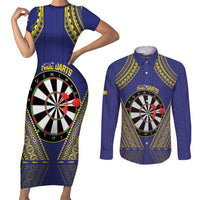 Personalised Niue Darts Couples Matching Short Sleeve Bodycon Dress and Long Sleeve Button Shirt Dart Board Hiapo Pattern - Polynesian Pride