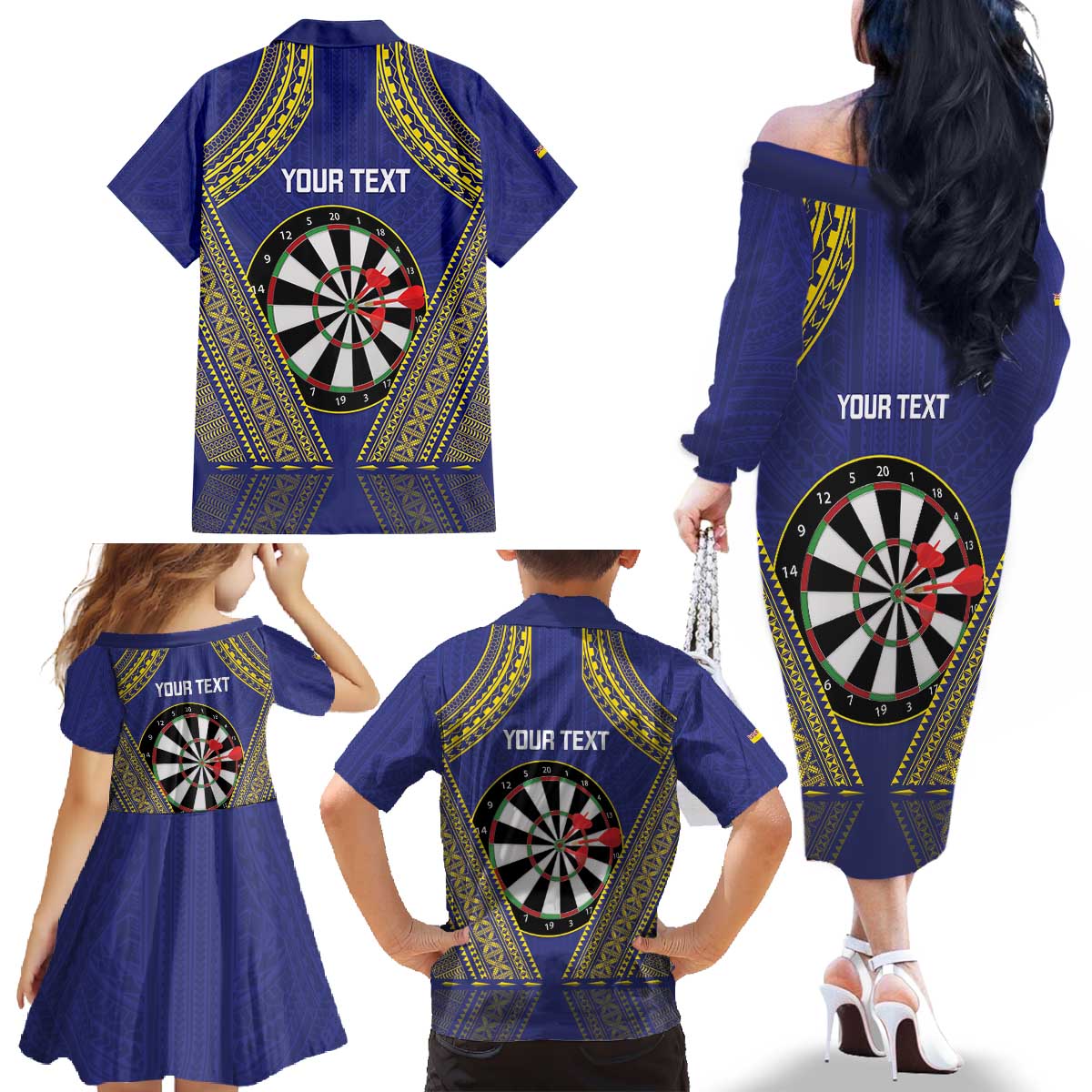 Personalised Niue Darts Family Matching Off The Shoulder Long Sleeve Dress and Hawaiian Shirt Dart Board Hiapo Pattern - Polynesian Pride