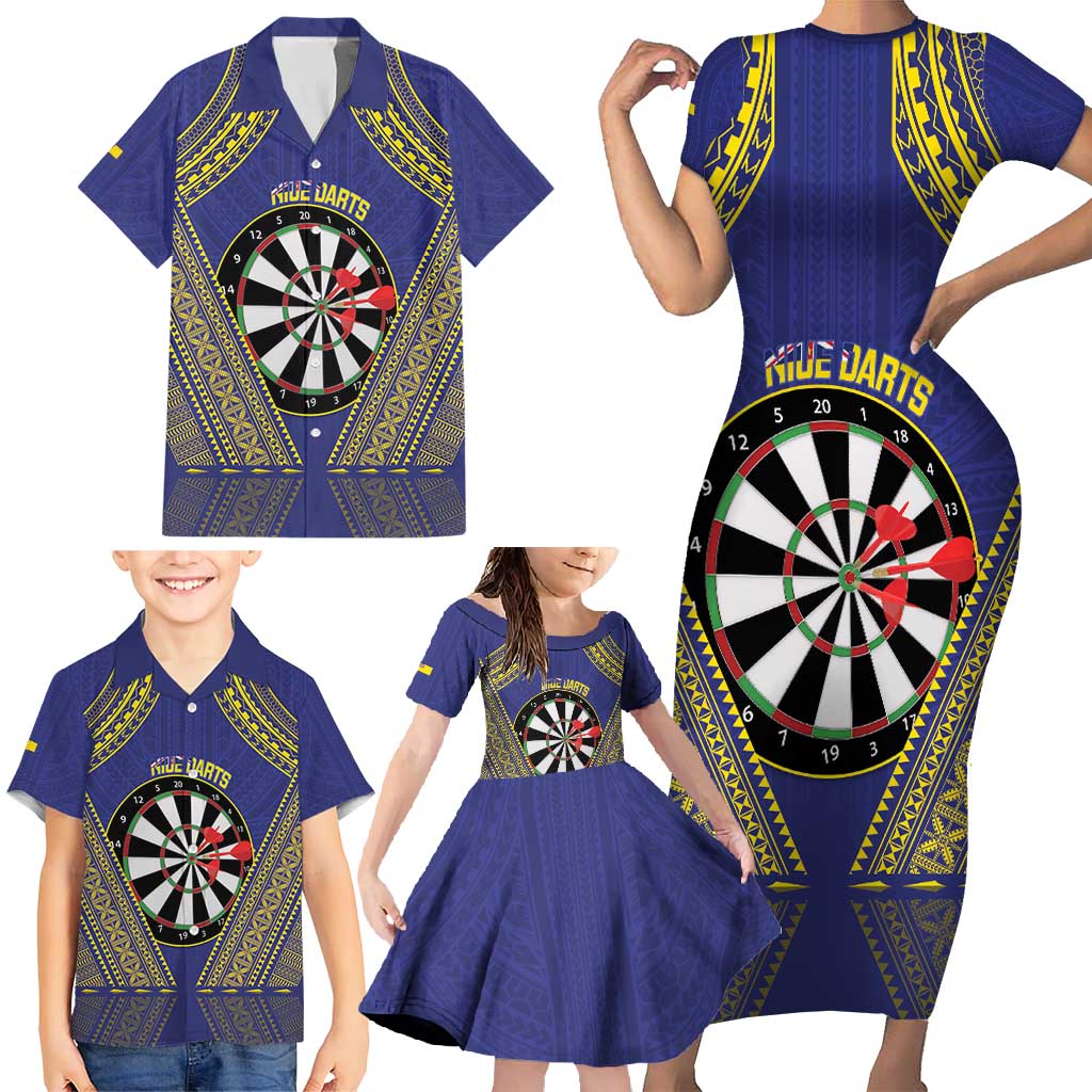 Personalised Niue Darts Family Matching Short Sleeve Bodycon Dress and Hawaiian Shirt Dart Board Hiapo Pattern - Polynesian Pride