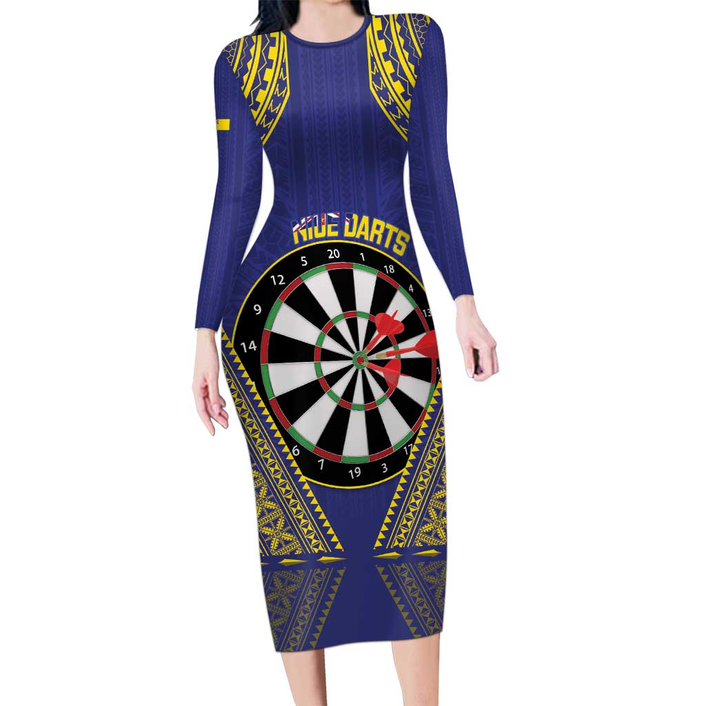 Personalised Niue Darts Long Sleeve Bodycon Dress Dart Board Hiapo Pattern - Polynesian Pride