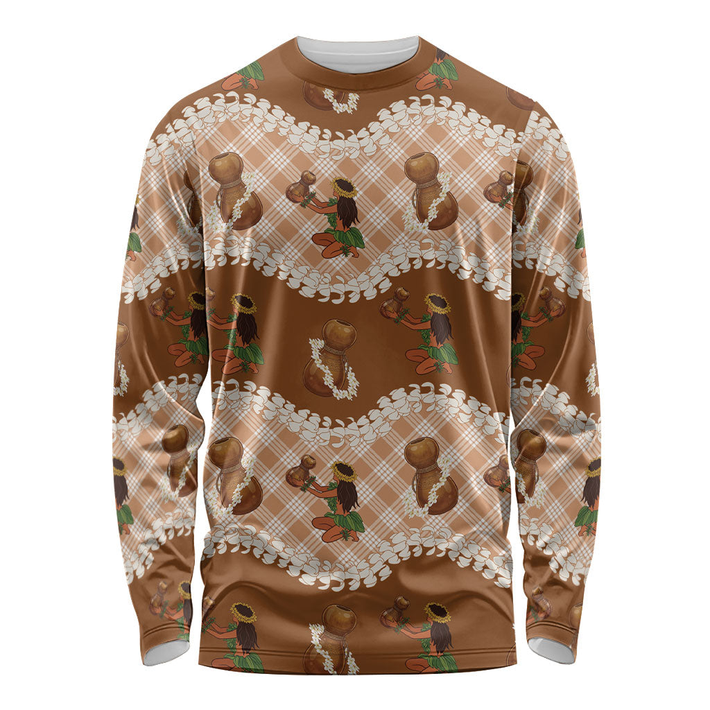 Ipu Heke Hawaii Makahiki Long Sleeve Shirt Hawaiian Puakenikeni Lei Hula Girl Palaka Motifs LT14 Unisex Brown - Polynesian Pride