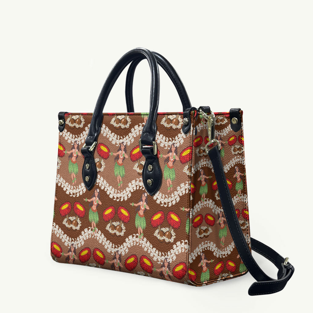 Uliuli Hawaii Makahiki Leather Bag Hawaiian Puakenikeni Lei Hula Girl Brown Version