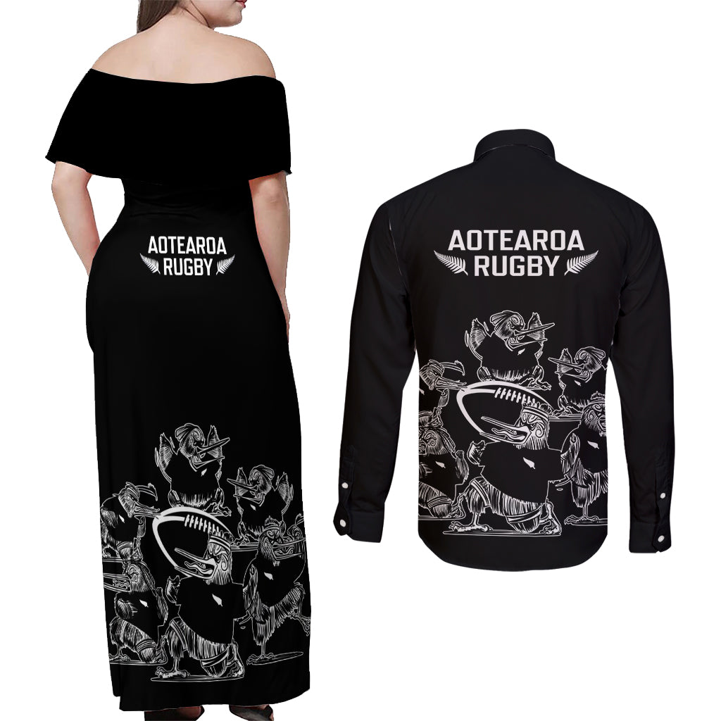 New Zealand Silver Fern Rugby Couples Matching Off Shoulder Maxi Dress and Long Sleeve Button Shirt Haka Aotearoa Kiwi Dance LT14 - Polynesian Pride