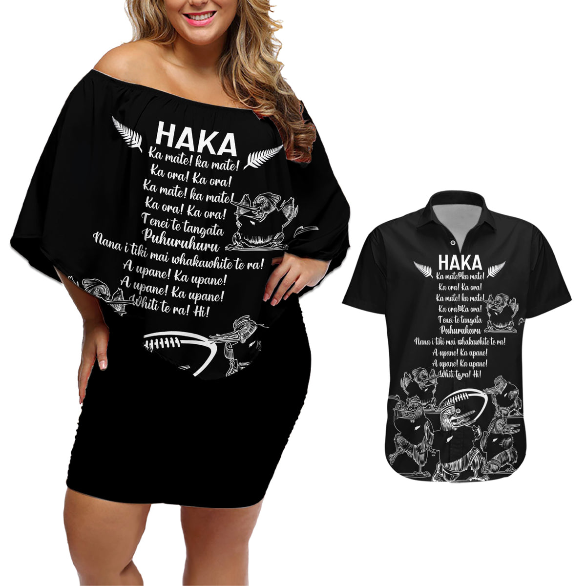 New Zealand Silver Fern Rugby Couples Matching Off Shoulder Short Dress and Hawaiian Shirt Haka Aotearoa Kiwi Dance LT14 Black - Polynesian Pride
