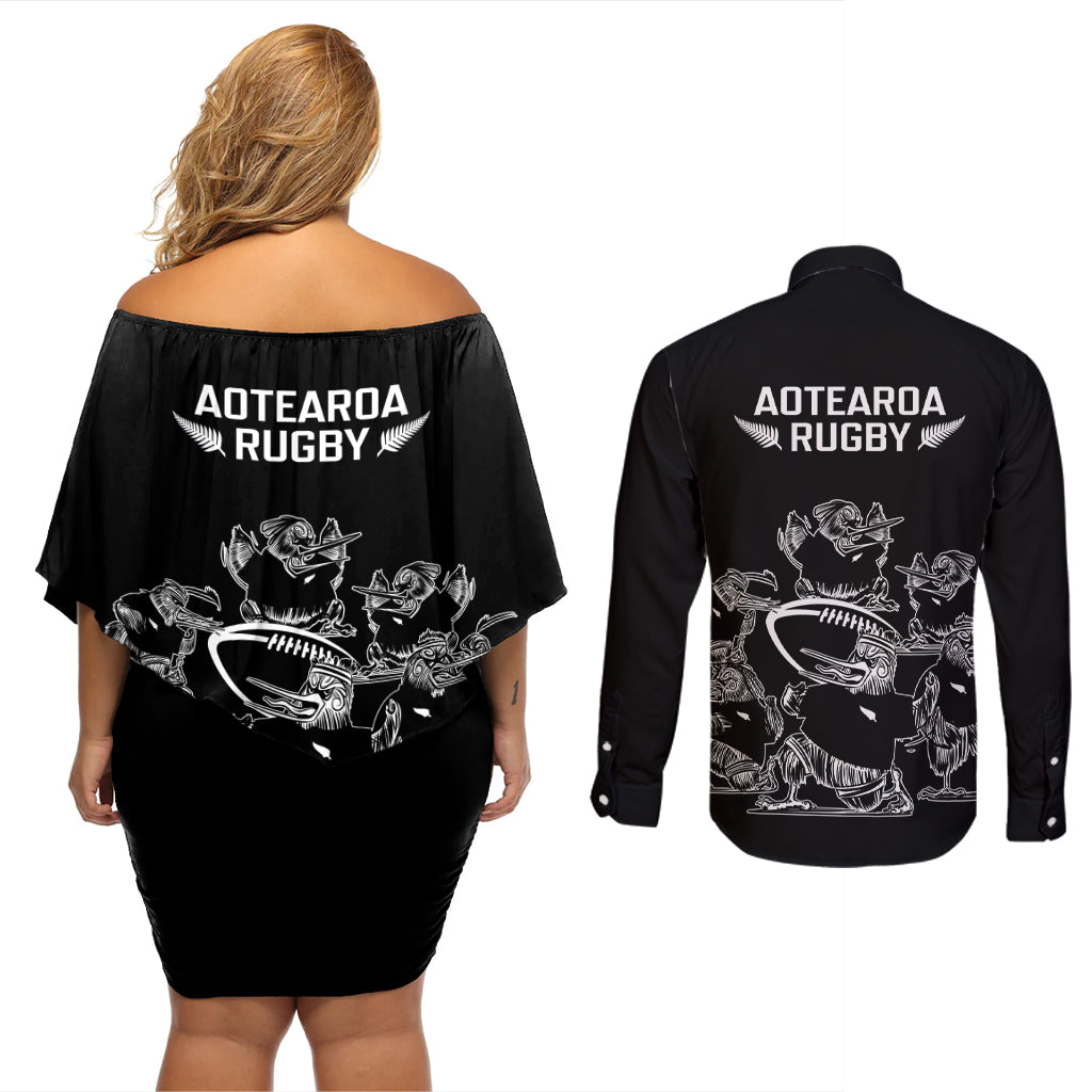New Zealand Silver Fern Rugby Couples Matching Off Shoulder Short Dress and Long Sleeve Button Shirt Haka Aotearoa Kiwi Dance LT14 - Polynesian Pride