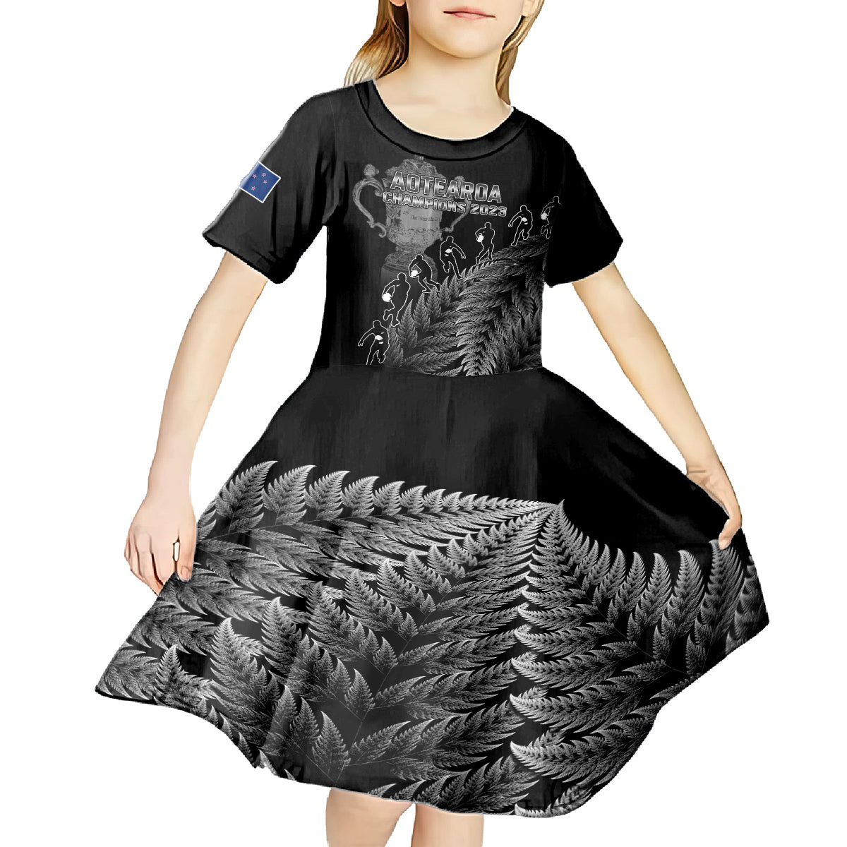 Custom New Zealand Silver Fern Rugby Kid Short Sleeve Dress All Black Go Champions 2023 With Trophy Proud LT14 - Polynesian Pride