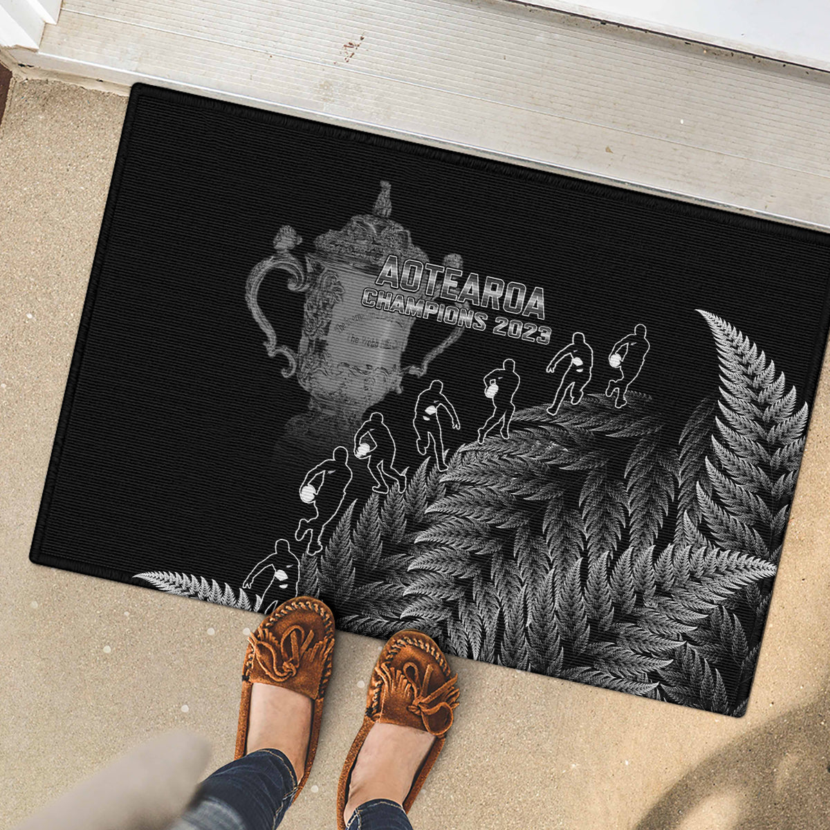 Custom New Zealand Silver Fern Rugby Rubber Doormat All Black Go Champions 2023 With Trophy Proud LT14 - Polynesian Pride