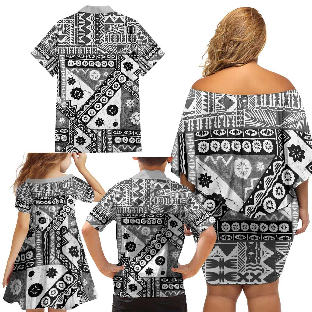 Black Bula Fiji Family Matching Off Shoulder Short Dress and Hawaiian Shirt Unique Masi Tapa Pattern