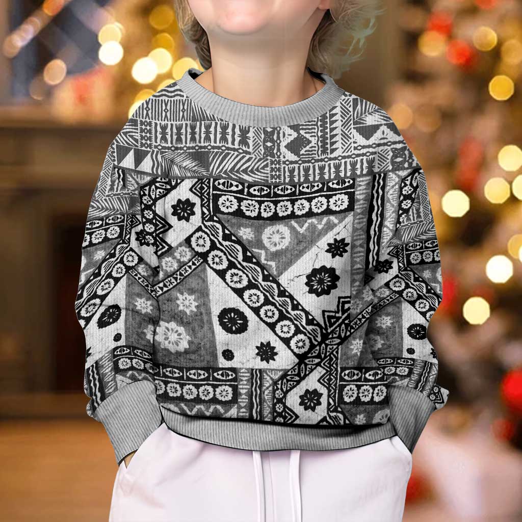Black Bula Fiji Kid Ugly Christmas Sweater Unique Masi Tapa Pattern LT14 - Polynesian Pride