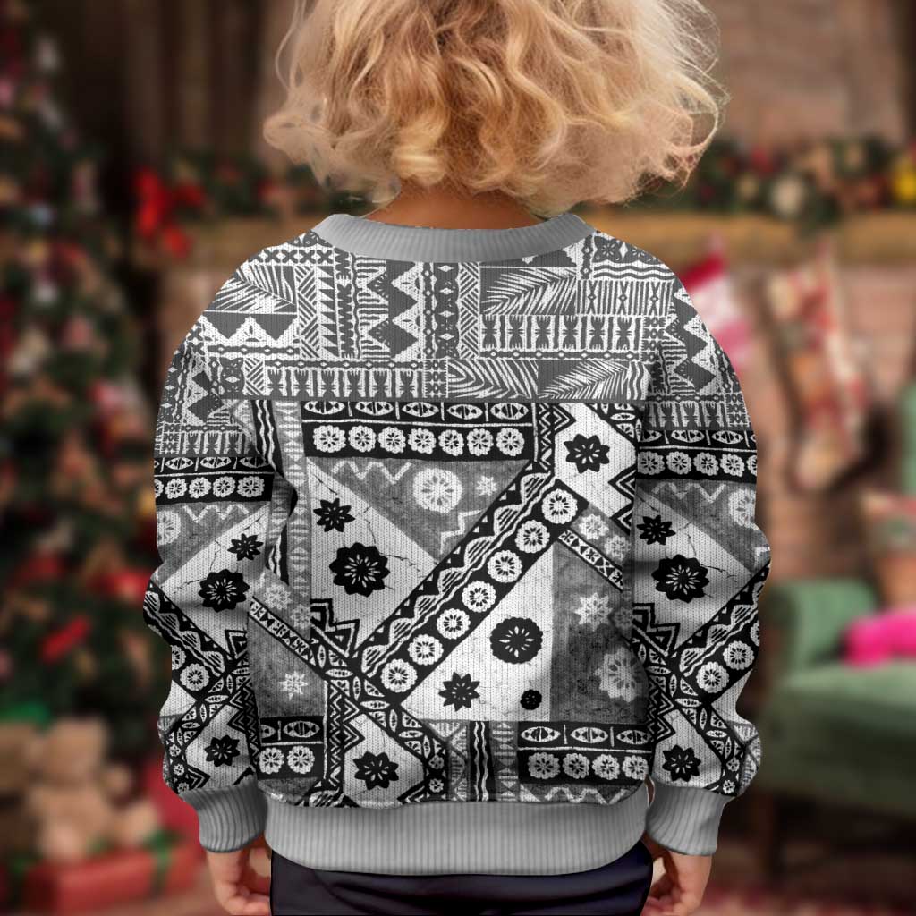 Black Bula Fiji Kid Ugly Christmas Sweater Unique Masi Tapa Pattern LT14 - Polynesian Pride