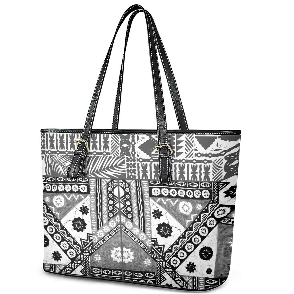 Black Bula Fiji Leather Tote Bag Unique Masi Tapa Pattern