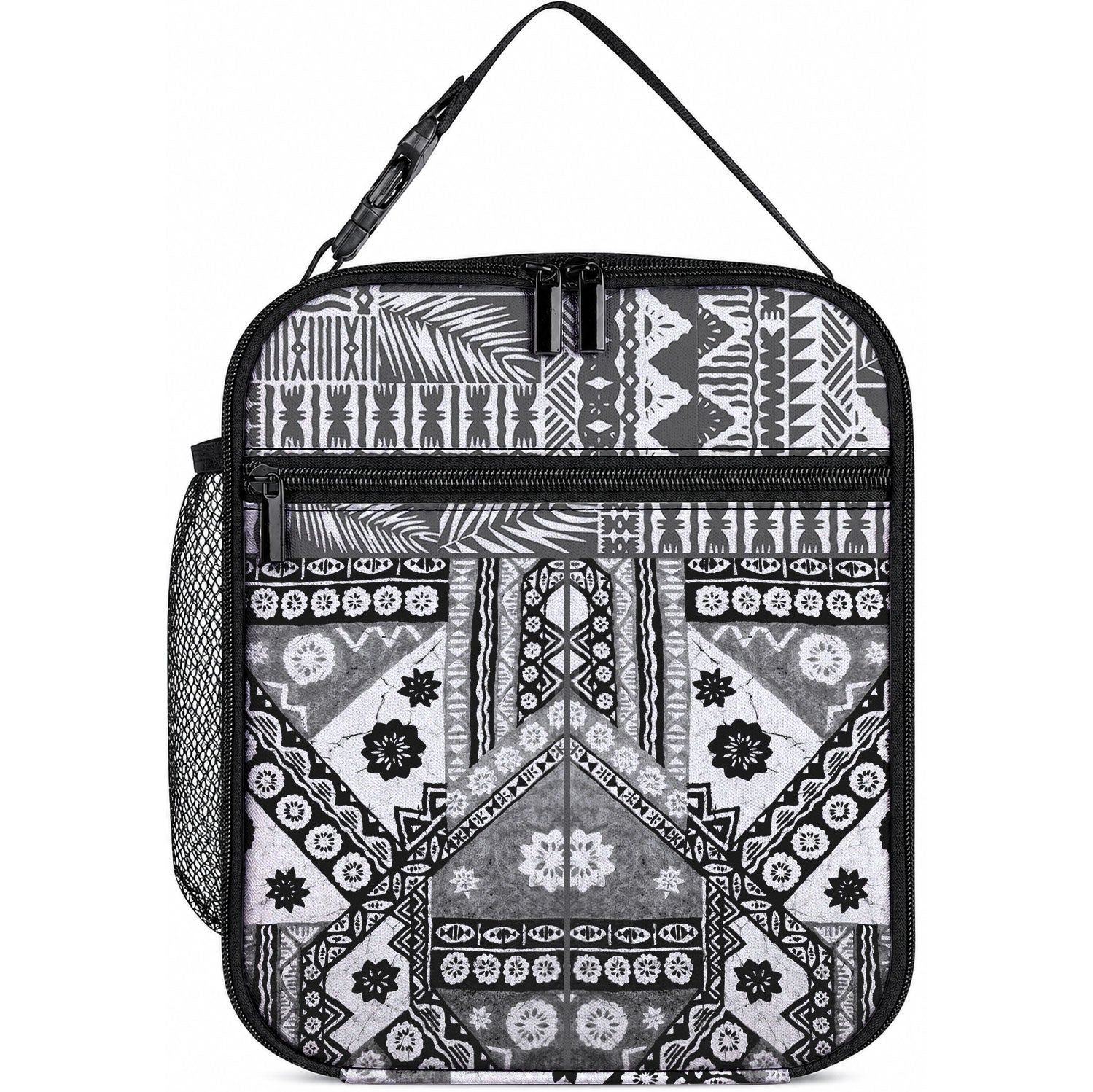 Black Bula Fiji Lunch Bag Unique Masi Tapa Pattern LT14 10.2 × 8.3 × 4.3 inch Black - Polynesian Pride