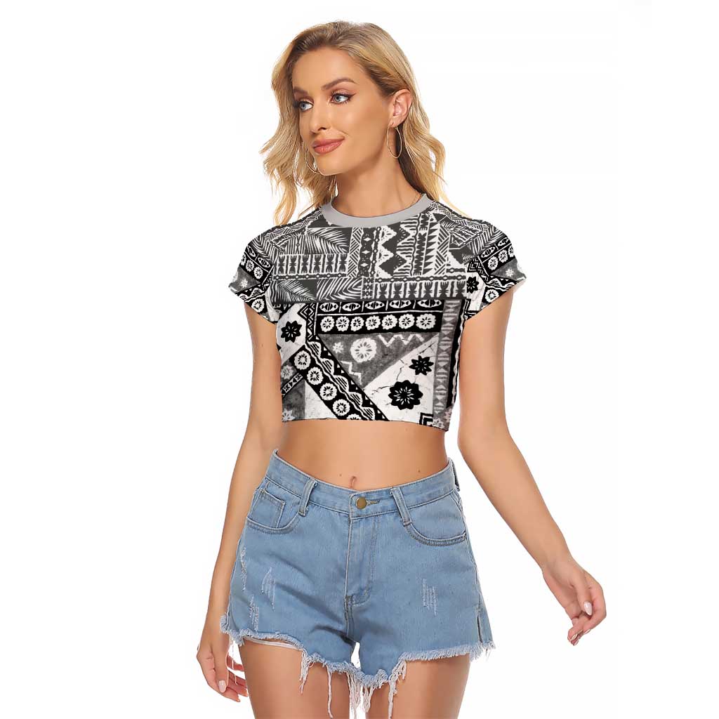 Black Bula Fiji Raglan Cropped T Shirt Unique Masi Tapa Pattern LT14 Female Black - Polynesian Pride