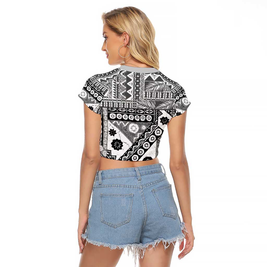 Black Bula Fiji Raglan Cropped T Shirt Unique Masi Tapa Pattern LT14 - Polynesian Pride