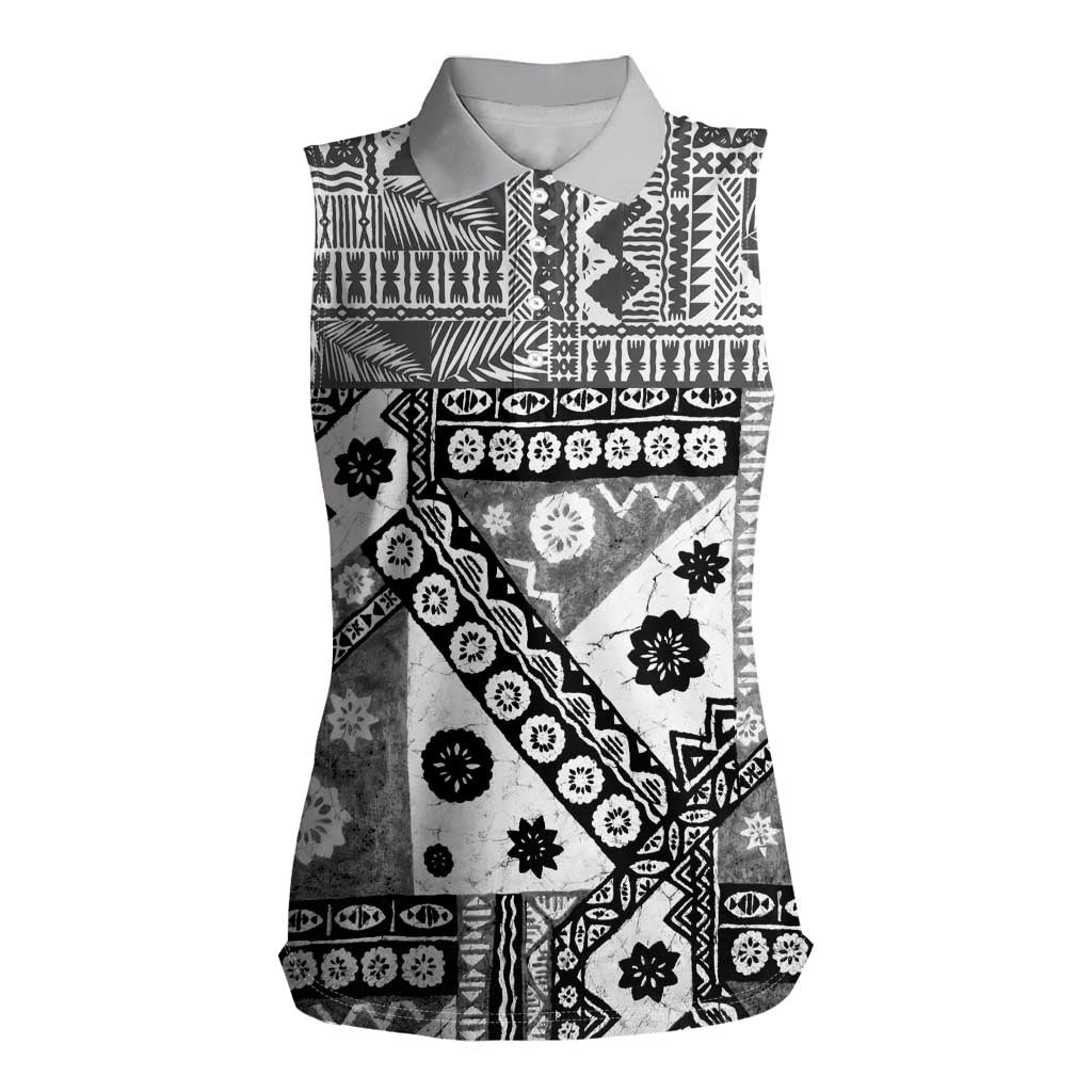 Black Bula Fiji Women Sleeveless Polo Shirt Unique Masi Tapa Pattern LT14 Female Black - Polynesian Pride