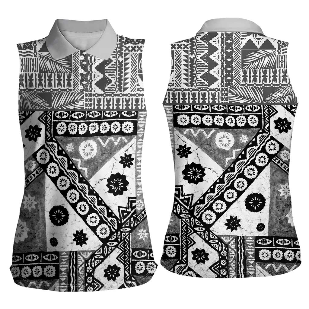 Black Bula Fiji Women Sleeveless Polo Shirt Unique Masi Tapa Pattern LT14 - Polynesian Pride