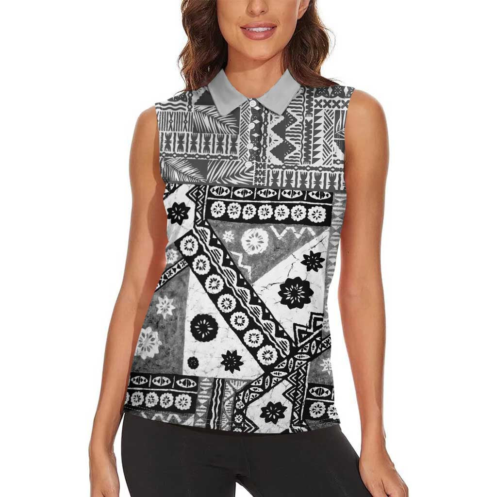 Black Bula Fiji Women Sleeveless Polo Shirt Unique Masi Tapa Pattern LT14 - Polynesian Pride