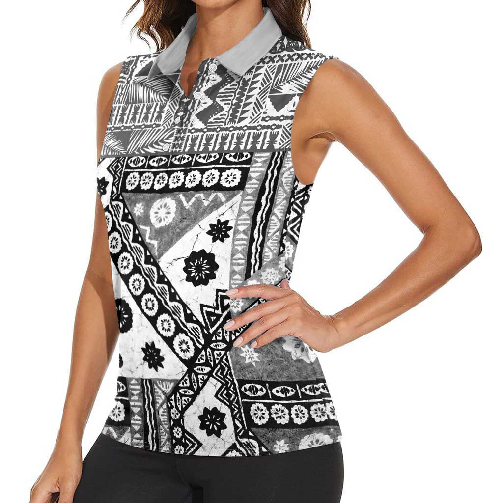 Black Bula Fiji Women Sleeveless Polo Shirt Unique Masi Tapa Pattern LT14 - Polynesian Pride