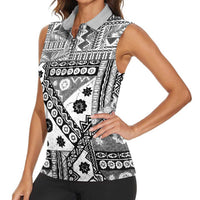Black Bula Fiji Women Sleeveless Polo Shirt Unique Masi Tapa Pattern LT14 - Polynesian Pride