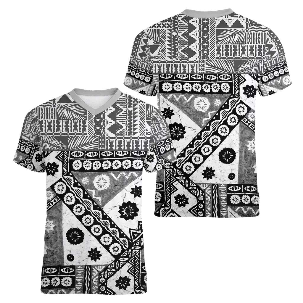 Black Bula Fiji Women V-Neck T-Shirt Unique Masi Tapa Pattern LT14 - Polynesian Pride