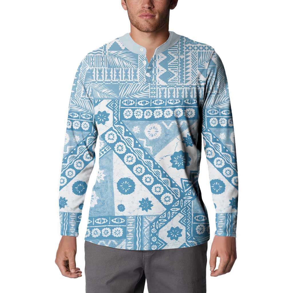 Blue Bula Fiji Button Sweatshirt Unique Masi Tapa Pattern LT14 - Polynesian Pride