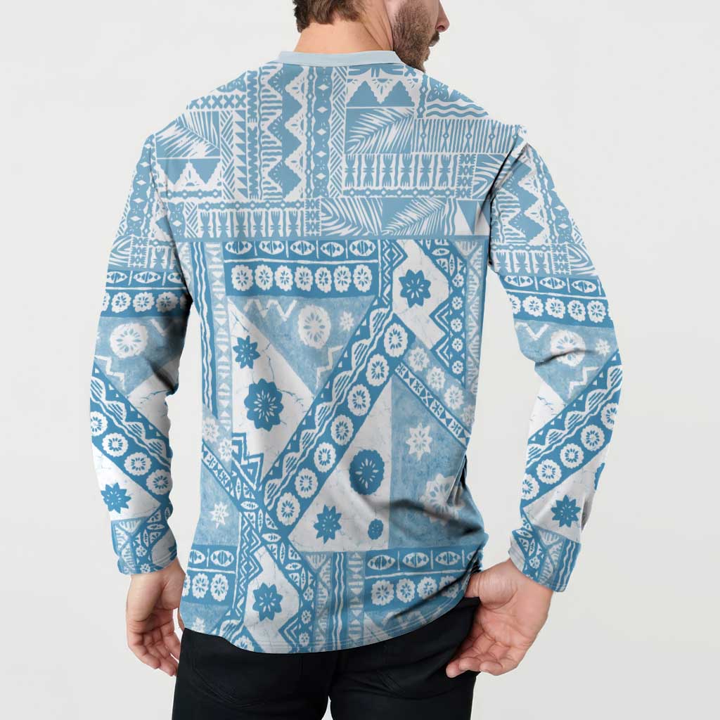 Blue Bula Fiji Button Sweatshirt Unique Masi Tapa Pattern LT14 - Polynesian Pride