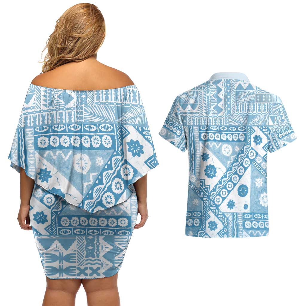 Blue Bula Fiji Couples Matching Off Shoulder Short Dress and Hawaiian Shirt Unique Masi Tapa Pattern