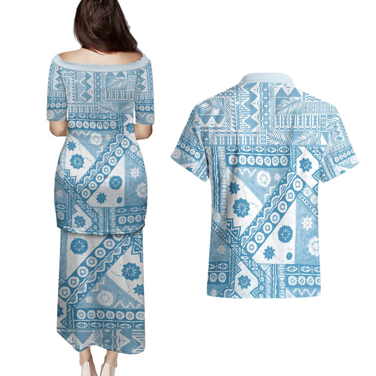 Blue Bula Fiji Couples Matching Puletasi and Hawaiian Shirt Unique Masi Tapa Pattern LT14 - Polynesian Pride