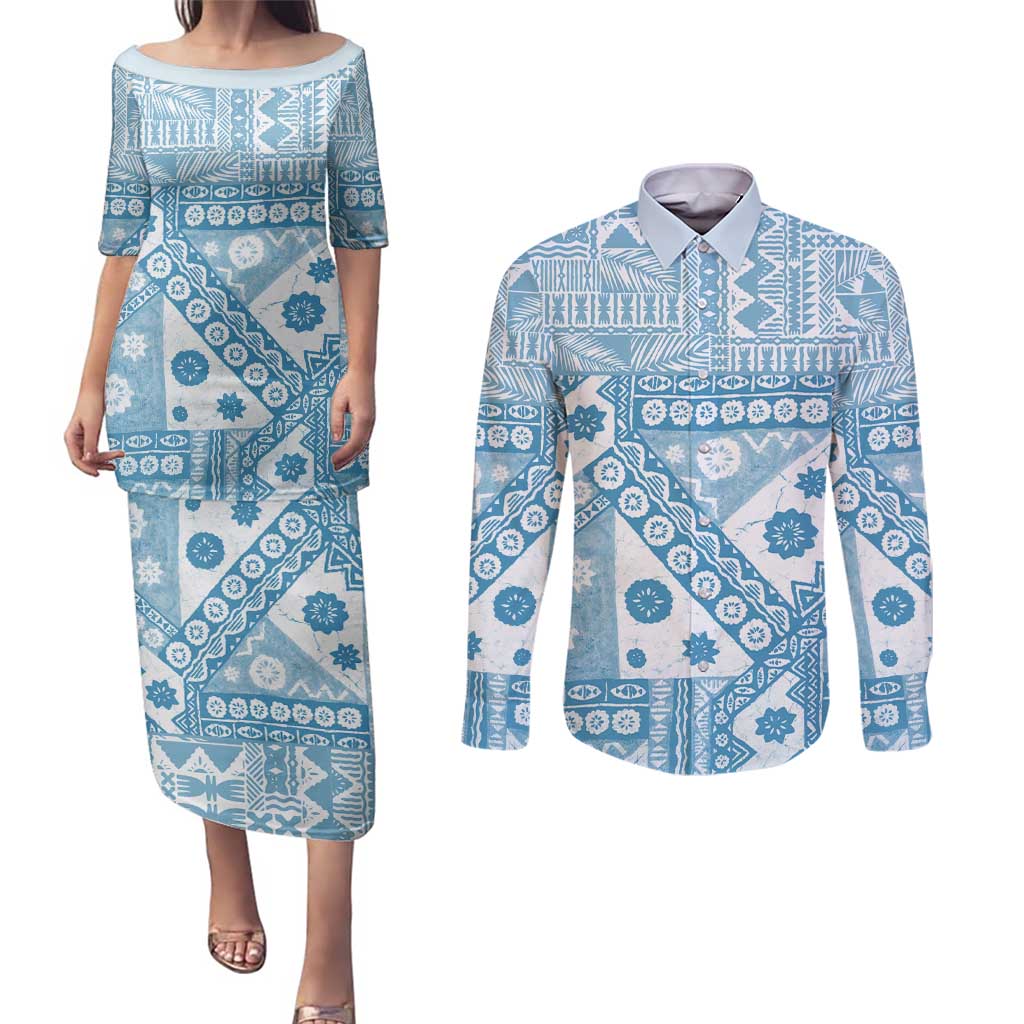 Blue Bula Fiji Couples Matching Puletasi and Long Sleeve Button Shirt Unique Masi Tapa Pattern LT14 Blue - Polynesian Pride