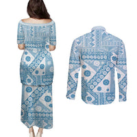 Blue Bula Fiji Couples Matching Puletasi and Long Sleeve Button Shirt Unique Masi Tapa Pattern LT14 - Polynesian Pride