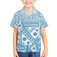 Blue Bula Fiji Family Matching Off Shoulder Short Dress and Hawaiian Shirt Unique Masi Tapa Pattern