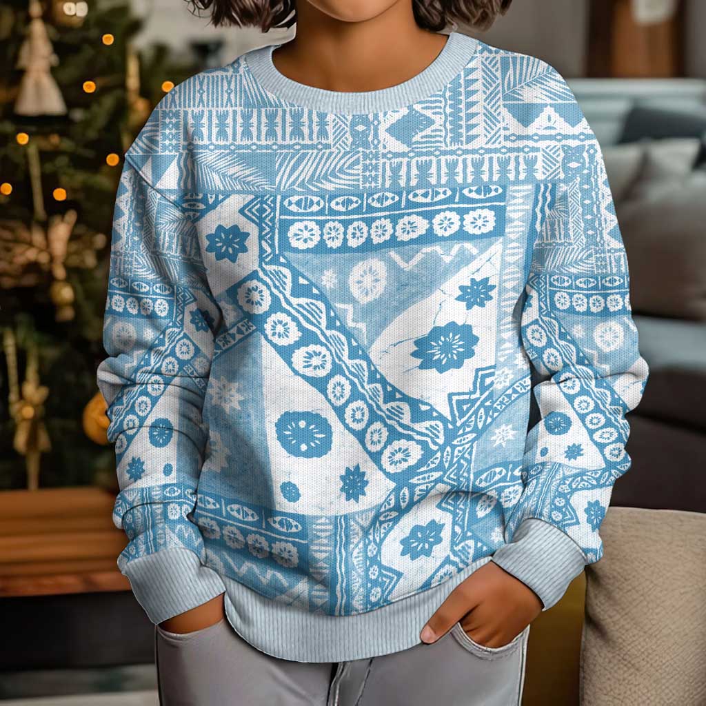 Blue Bula Fiji Kid Ugly Christmas Sweater Unique Masi Tapa Pattern LT14 - Polynesian Pride