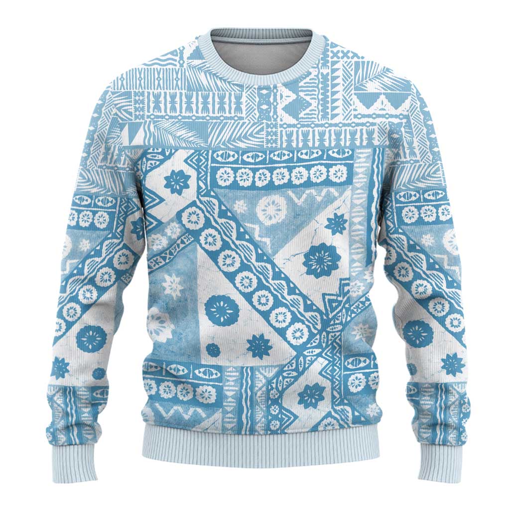 Blue Bula Fiji Ugly Christmas Sweater Unique Masi Tapa Pattern