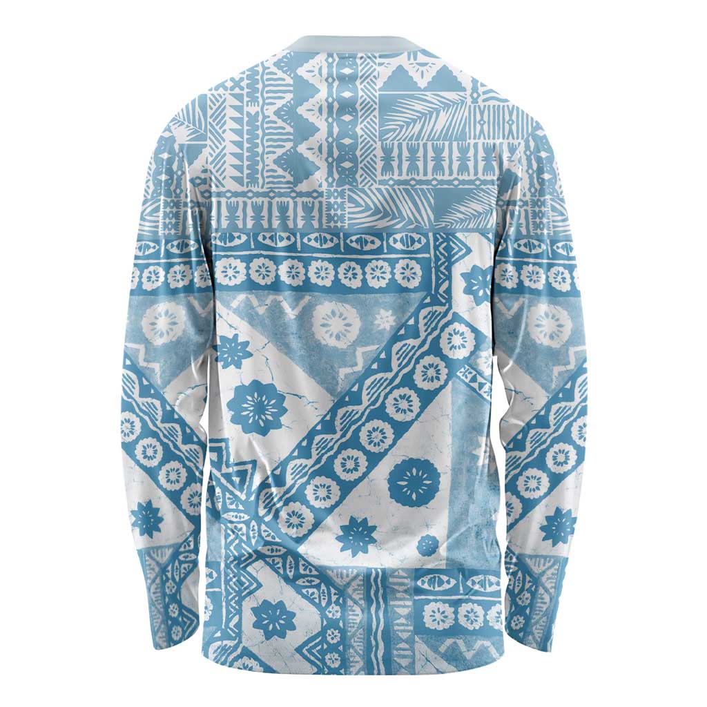 Blue Bula Fiji Long Sleeve Shirt Unique Masi Tapa Pattern
