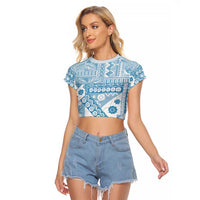 Blue Bula Fiji Raglan Cropped T Shirt Unique Masi Tapa Pattern LT14 Female Blue - Polynesian Pride