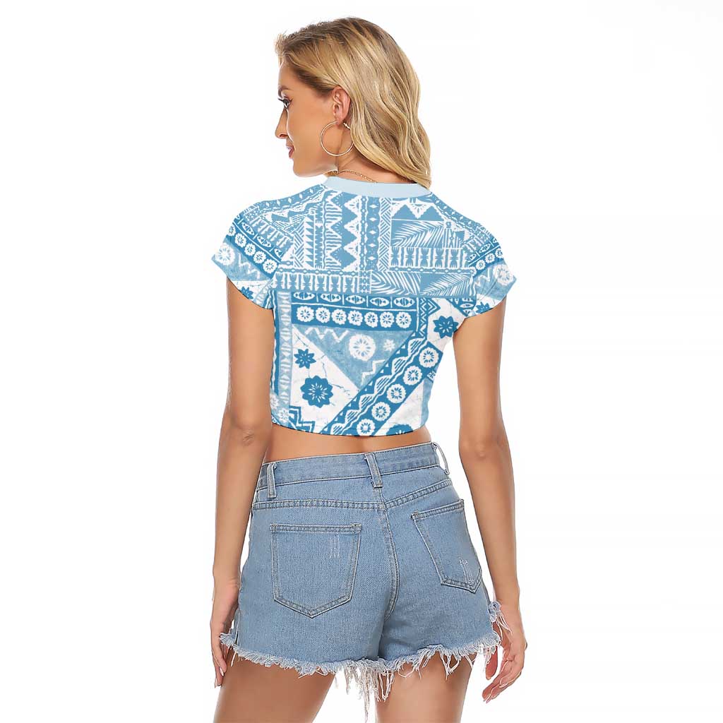 Blue Bula Fiji Raglan Cropped T Shirt Unique Masi Tapa Pattern LT14 - Polynesian Pride