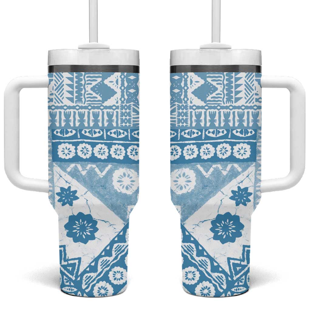 Blue Bula Fiji Tumbler With Handle Unique Masi Tapa Pattern